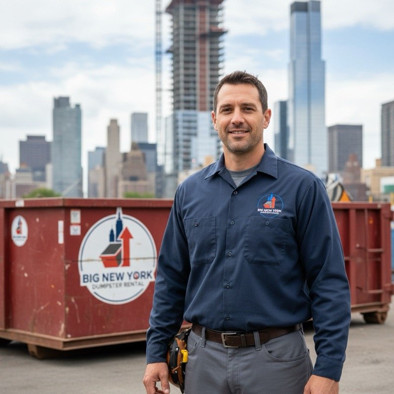Big New York Dumpster Rental worker with a red dumpster in New York City